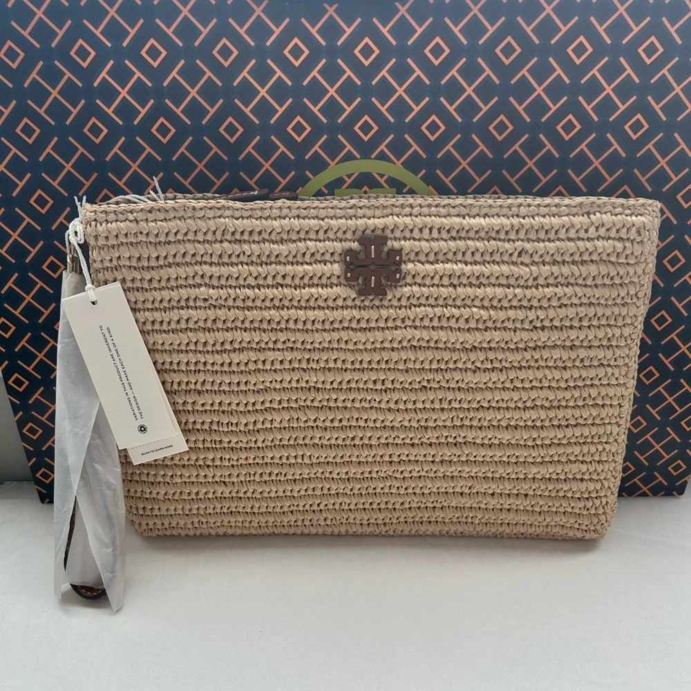 Tory Burch Thea Raffia Pouch Wristlet Bag Coffee Cream - Picture 1 of 11